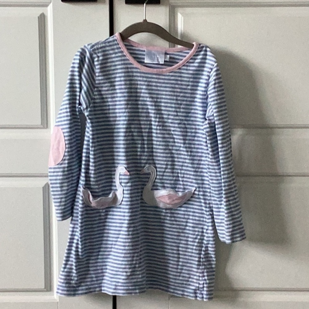 Little English Striped Blue and White Dress with Swan pockets